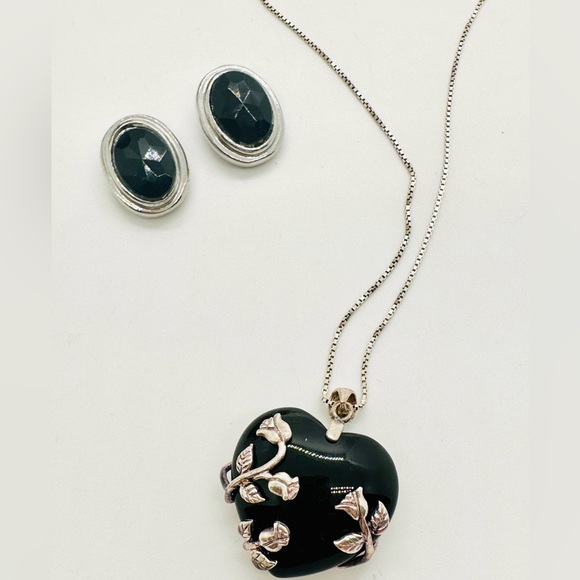 Vintage Silver Black Heart Onyx Rose Pendant - Picture 6 of 12